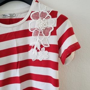 Zara red white stripe shirt with floral lace appliqué